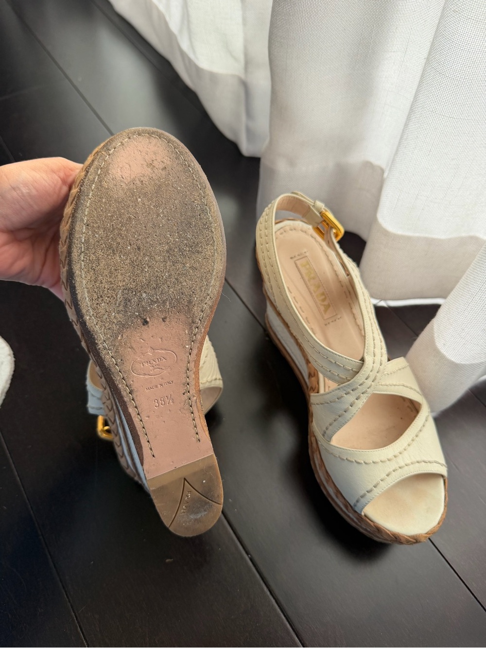 Prada Cream Leather Crisscross Wedge Sandals - Picture 4 of 4